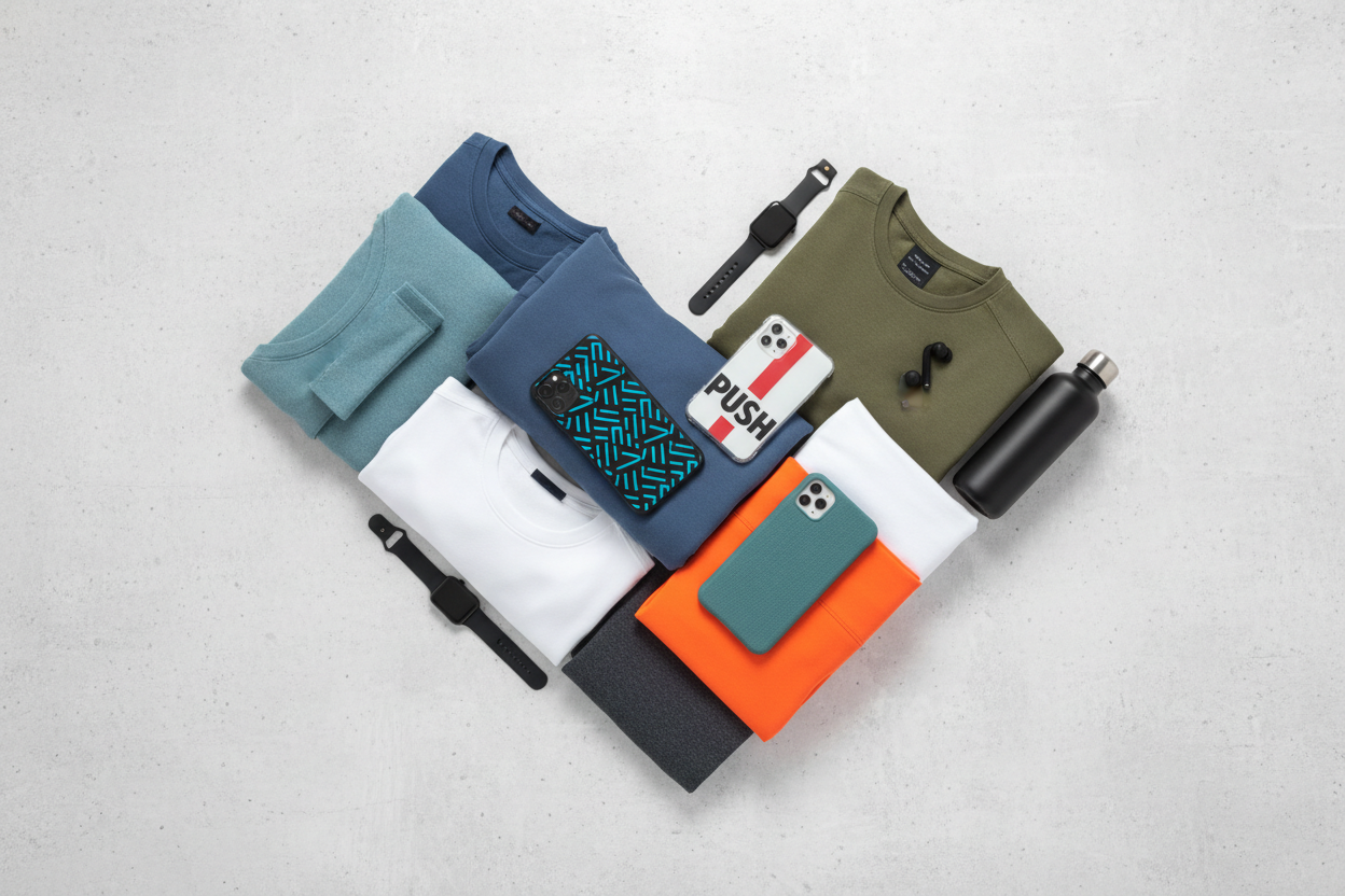 Sporty Flatlay with Sweatshirts, T-Shirts and Phone Cases